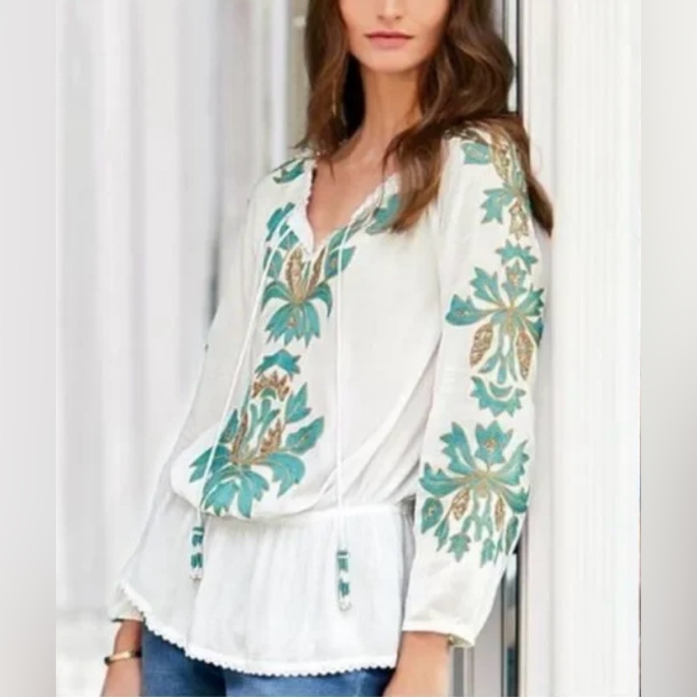 Soft Surroundings Botanical Gardens Embroidered Sequins Blouse Marshmallow Large